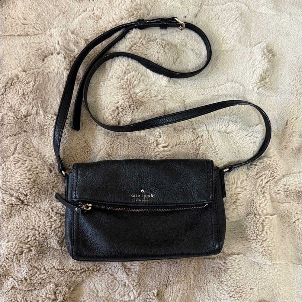 Kate Spade Mini Carson Cobble Hill Foldover Black Pebbled Leather Crossbody Bag